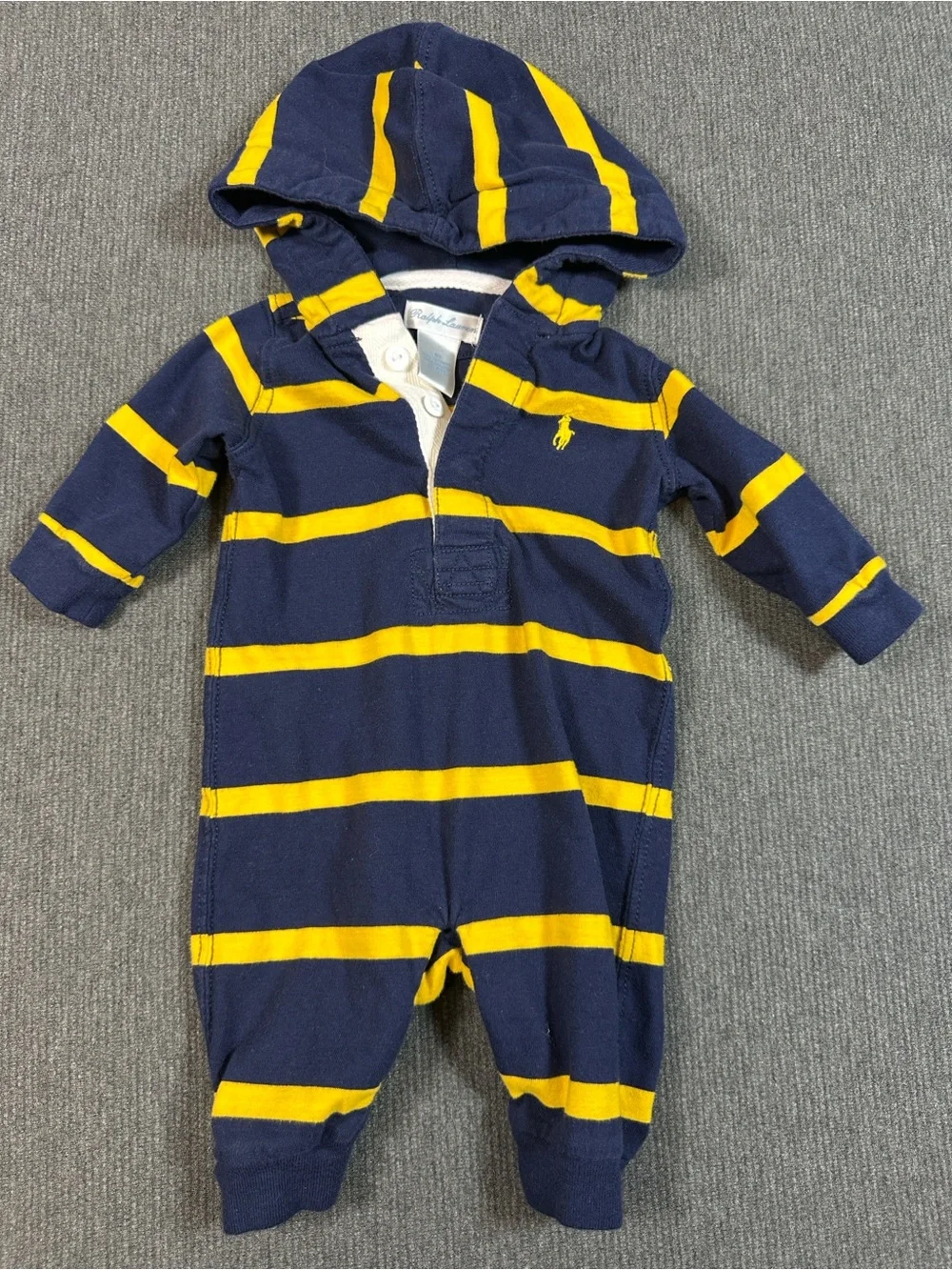 Ralph Lauren Baby Romper One-Piece Hooded Rugby Navy Yellow Stripe Size 3 Months